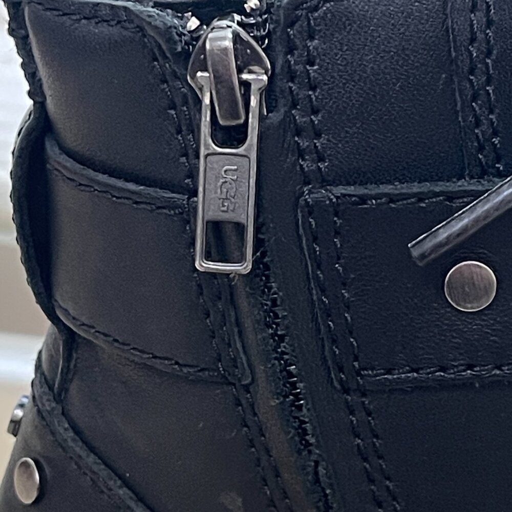 Ugg Zorrah Boots 6 Moto Combat Black Leather Silver Studs Side Zip Strap Buckle - Picture 9 of 16